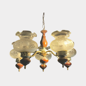 Vintage Brass 5 Patterned Glass Lights Pendant Light